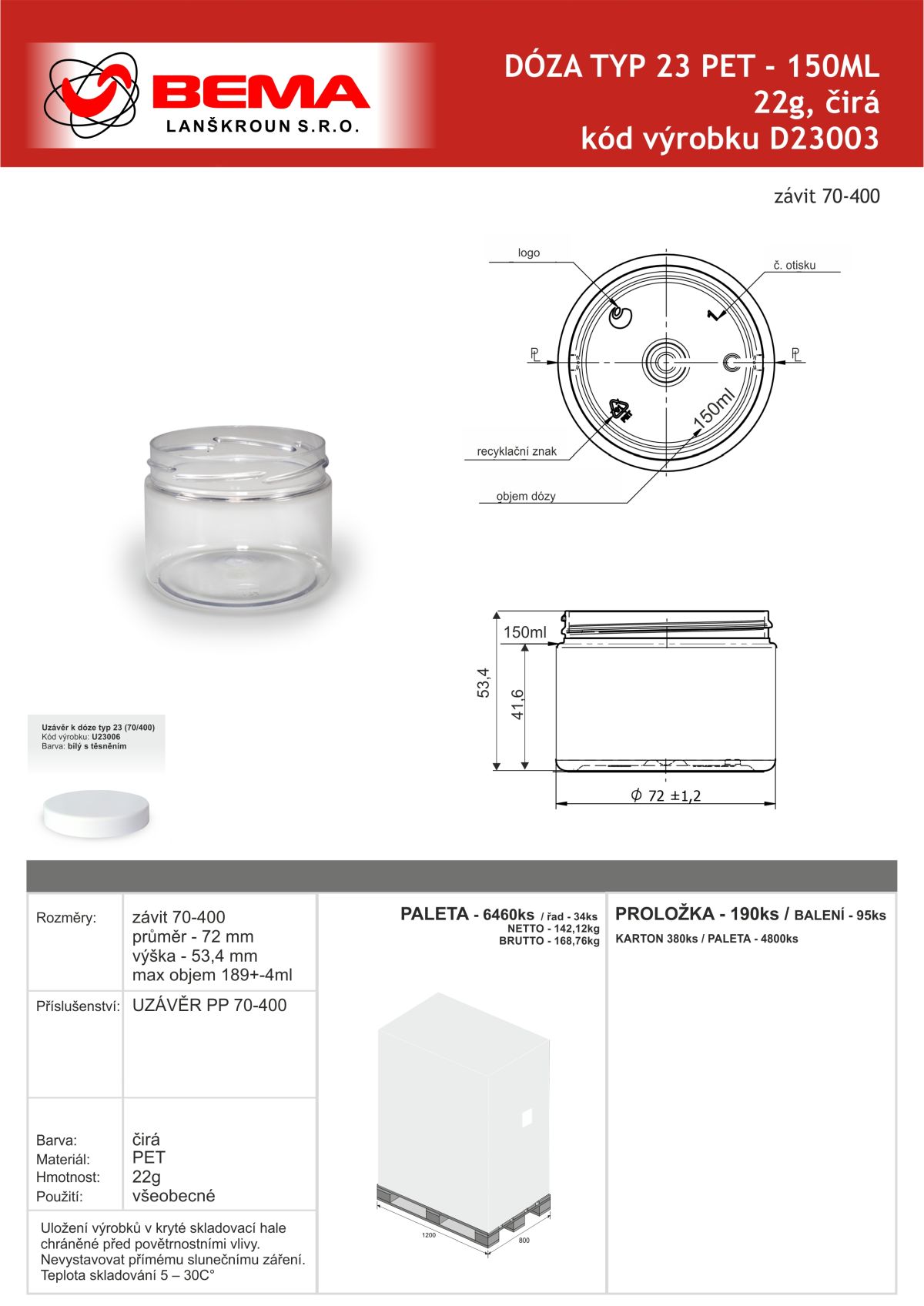 D23003 Doza PET 150ml čirá 70-400 24-6-2026